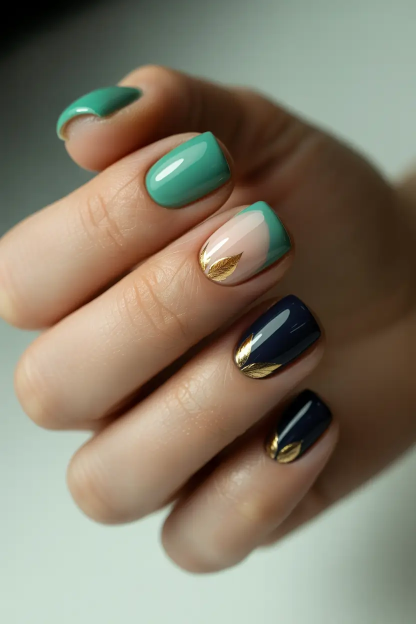 Cute Spring Short Nails For 2026 Fresh Green and Navy Color Blocking for Modern Short Nails