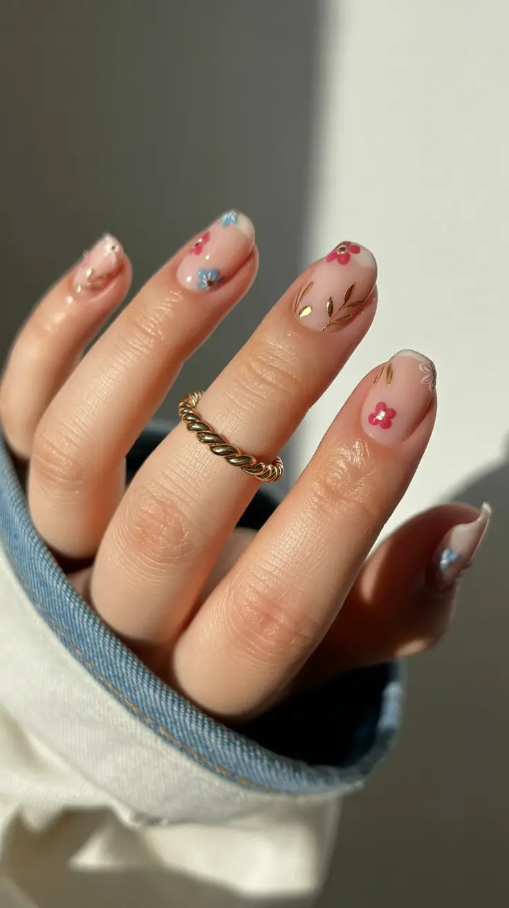 Cute Spring Short Nails For 2026 Delicate Floral Art for Playful Spring Minimalism