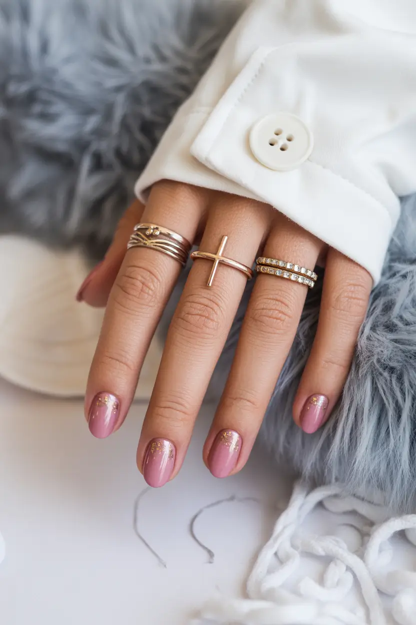 Cute Spring Short Nails For 2026 Rosy Sheer Nails with Golden Sparkle Accents
