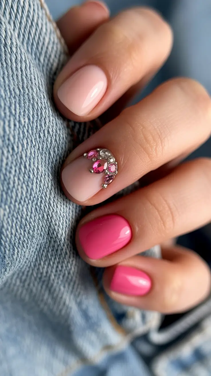 Cute Spring Short Nails For 2026 Playful Pink Gloss with Jewel Accent Energy