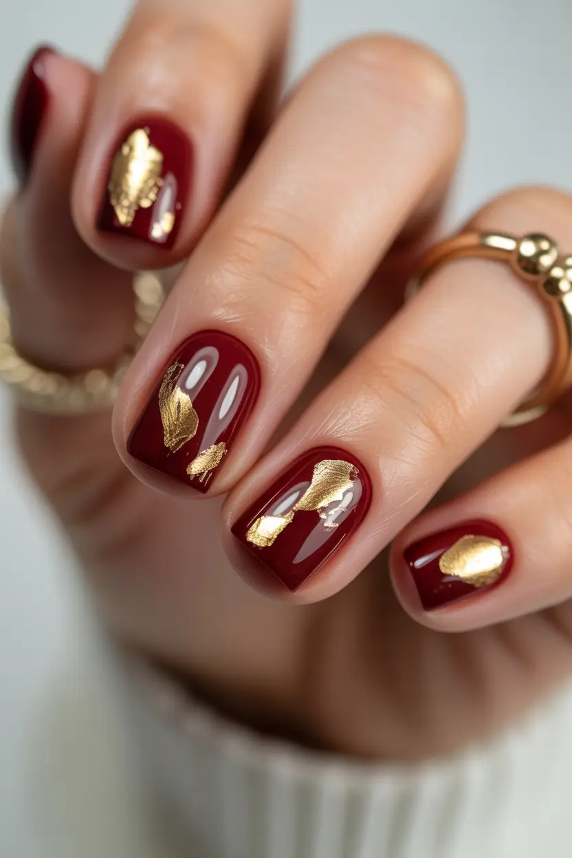 Cute Spring Short Nails For 2026 Deep Cherry Short Nails with Gold Foil Elegance