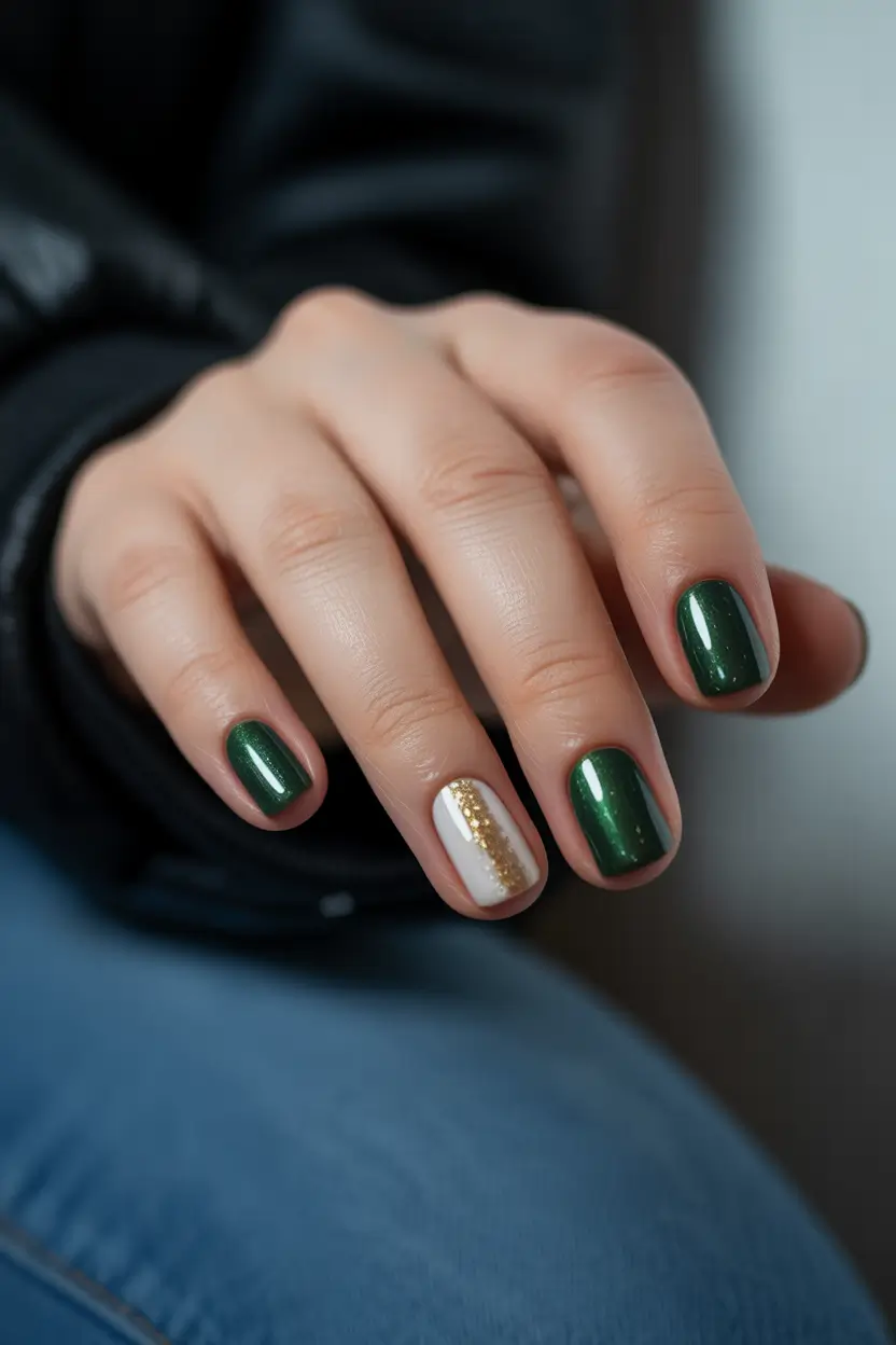 Cute Spring Short Nails For 2026 Forest Green Short Nails with Graphic Accent Line