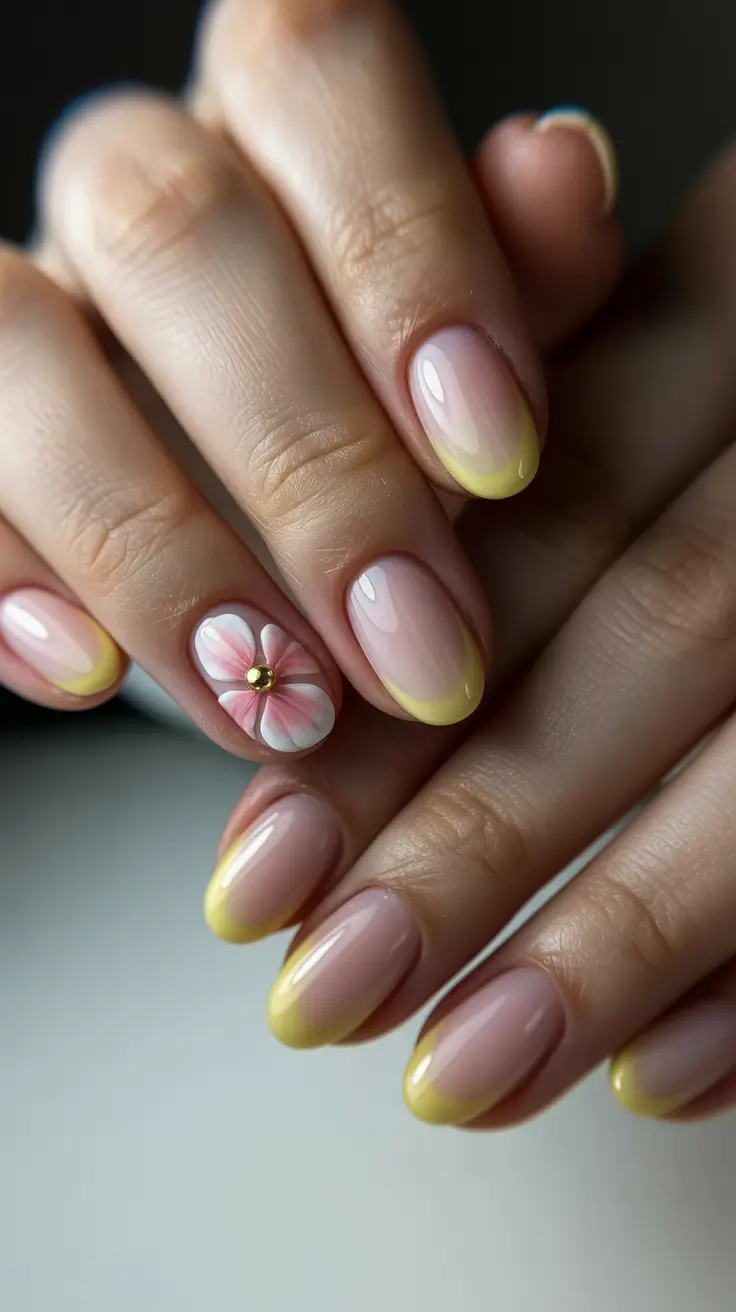 spring vacation nails 2026 Soft Yellow French With Floral Accent