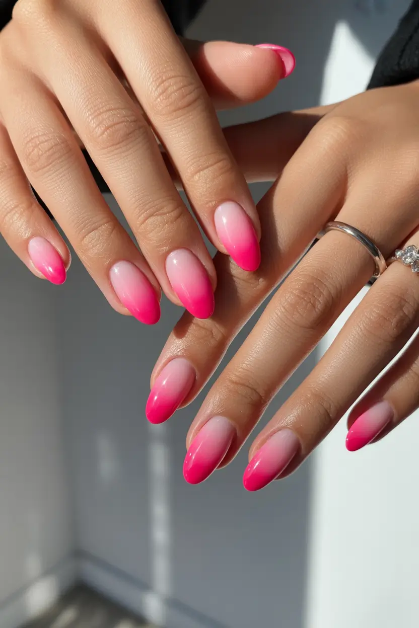 spring vacation nails 2026 Pink Ombre Almond Nails
