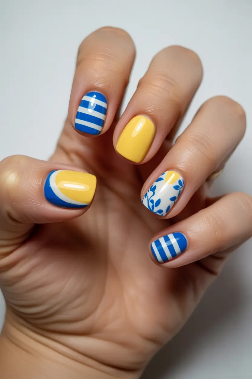 spring vacation nails 2026 Yellow Blue Short Nails
