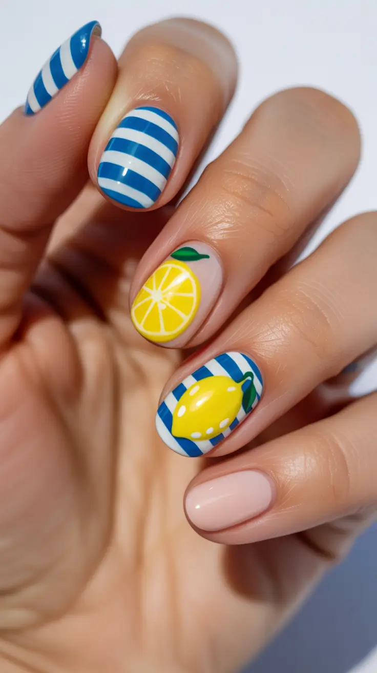 spring vacation nails 2026 Blue White Lemon Nails