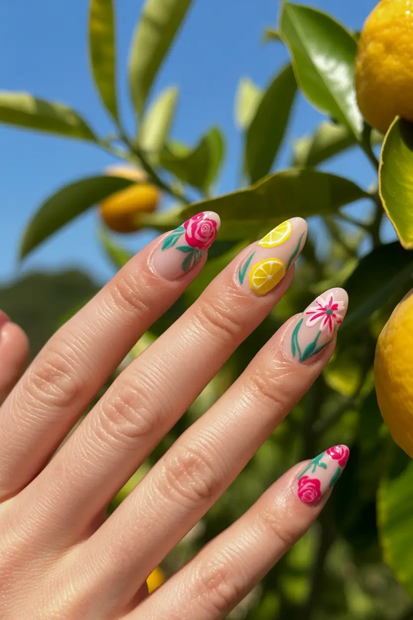 spring vacation nails 2026 Floral Citrus Almond Nails