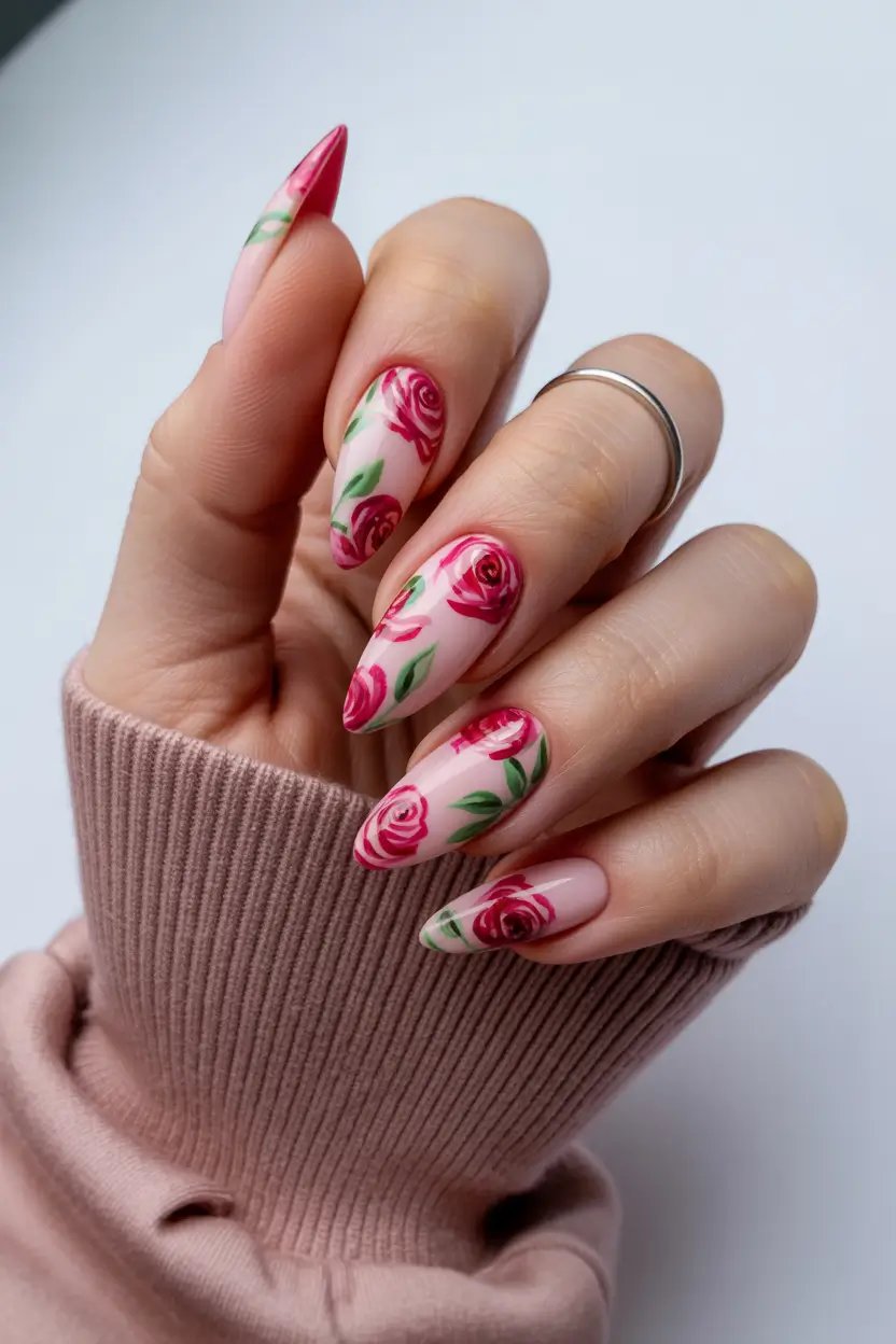 Cute Spring Vacation Nails For 2026 Pink Rose Almond Design