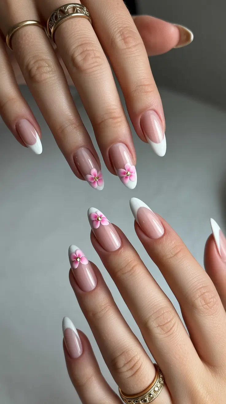 spring vacation nails 2026 White French With Pink Flowers