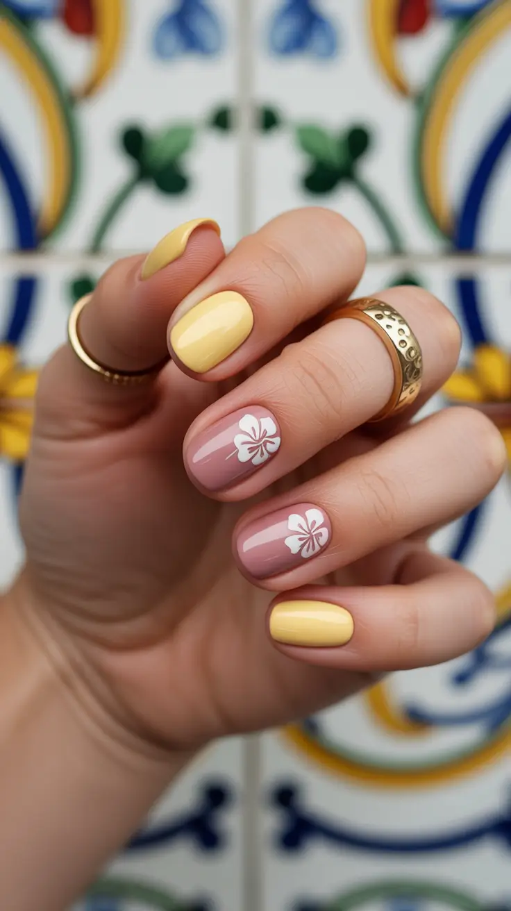 spring vacation nails 2026 Short Yellow Floral Nails
