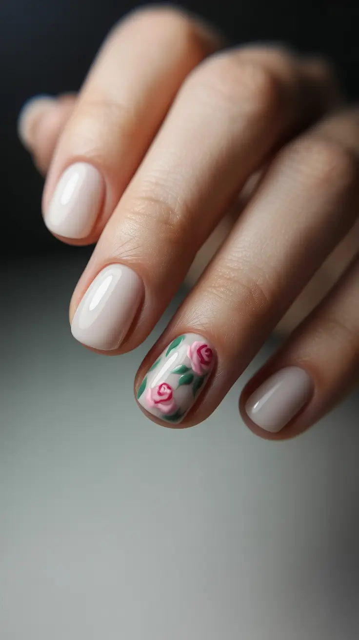Cute White Spring Nails For 2026 Soft Milky White With Romantic Floral Accent