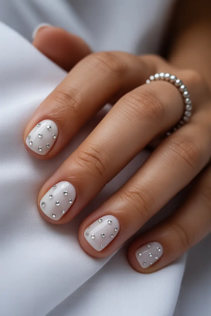 Cute White Spring Nails For 2026 Short White Nails With Crystal Minimal Design