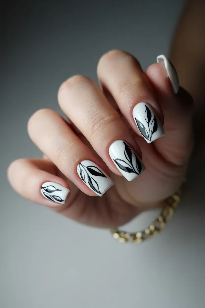 Cute White Spring Nails For 2026 Black Botanical Line Art On White Spring Nails