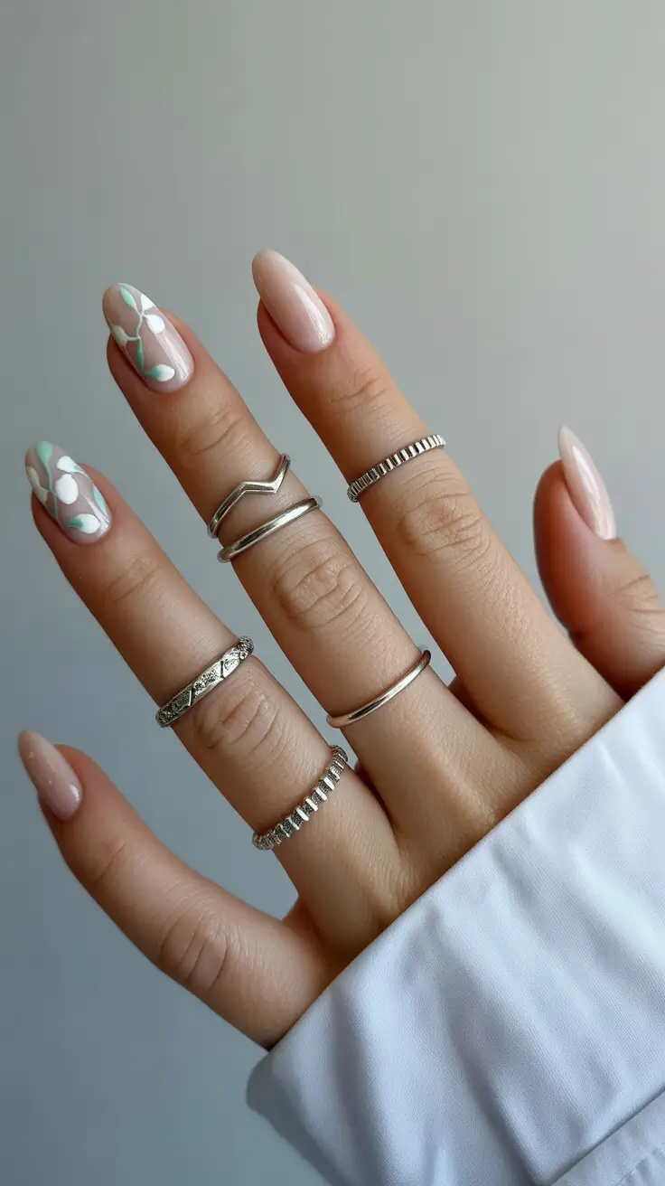 Cute White Spring Nails For 2026 Almond Nude And White Floral Spring Design