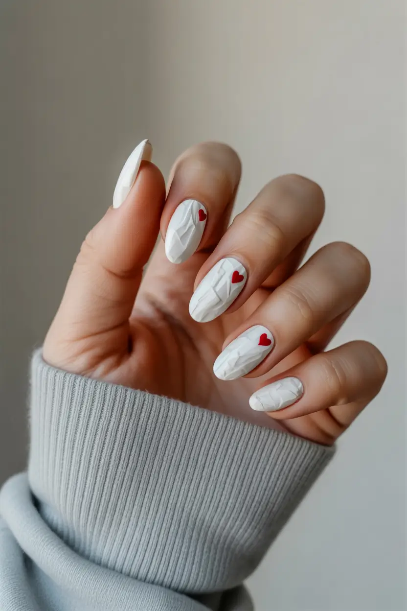 Cute White Spring Nails For 2026 Textured White Knit Nails With Red Heart Details