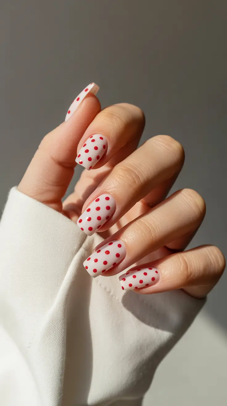 Cute White Spring Nails For 2026 Classic White Nails With Red Polka Dot Pattern
