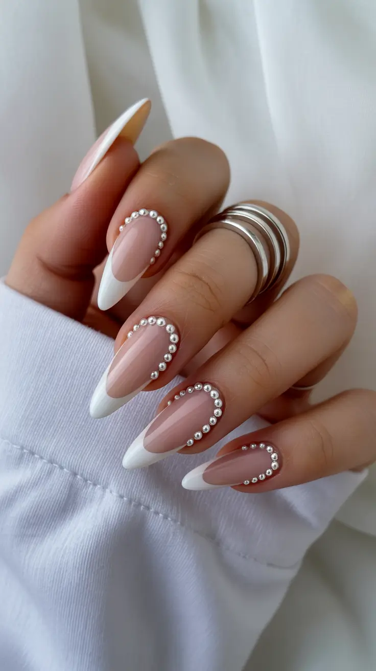 Cute White Spring Nails For 2026 Pearl-Framed Almond Nails - Quiet Luxury in White