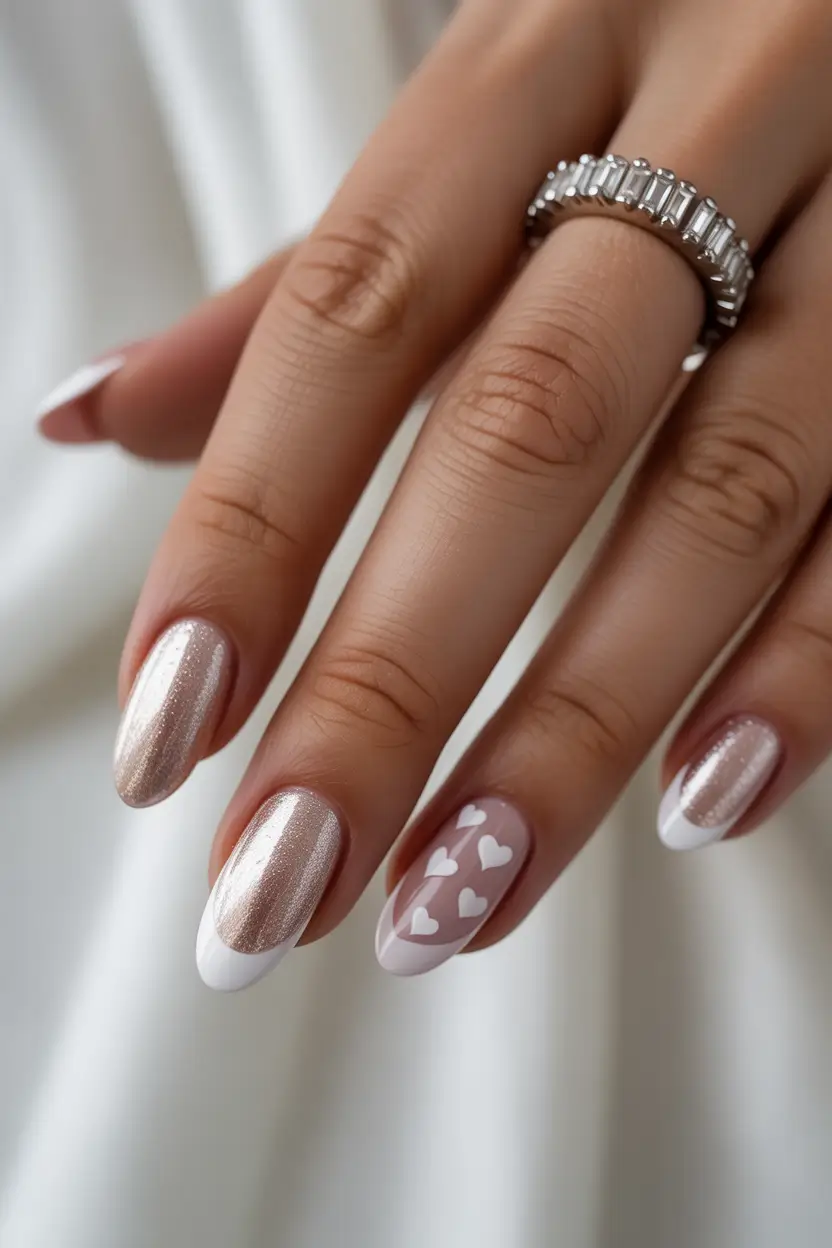 Cute White Spring Nails For 2026 Milky Shimmer and Tiny Hearts - Playful Minimal Spring