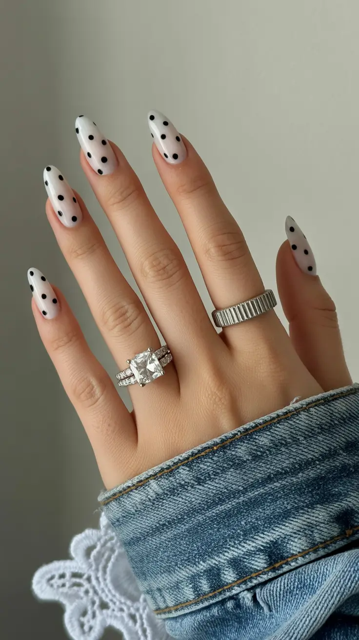 Cute White Spring Nails For 2026 Graphic Polka Dot White Nails - Retro Meets Spring Fresh