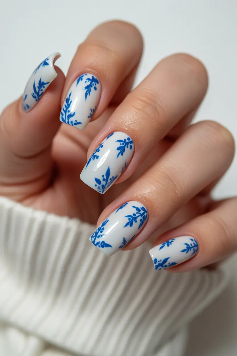 Cute White Spring Nails For 2026 Blue Botanical Porcelain-Inspired White Nails