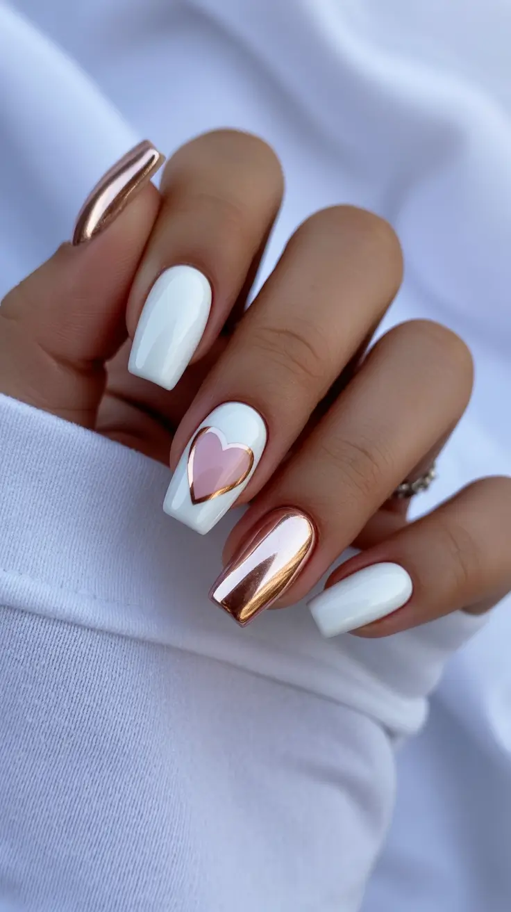 Cute White Spring Nails For 2026 White and Chrome Heart Accent for Modern Romance