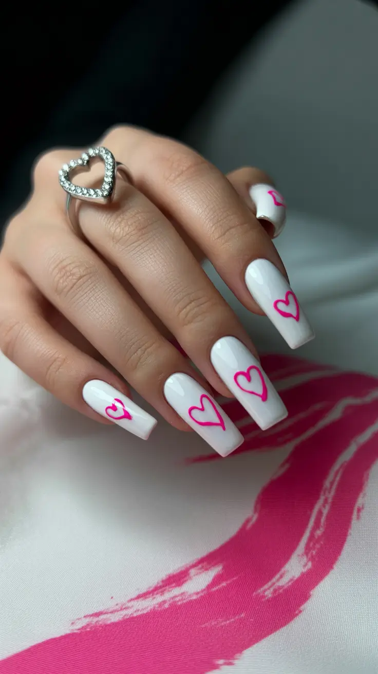 Cute White Spring Nails For 2026 Pink Outline Hearts on Classic White Acrylics