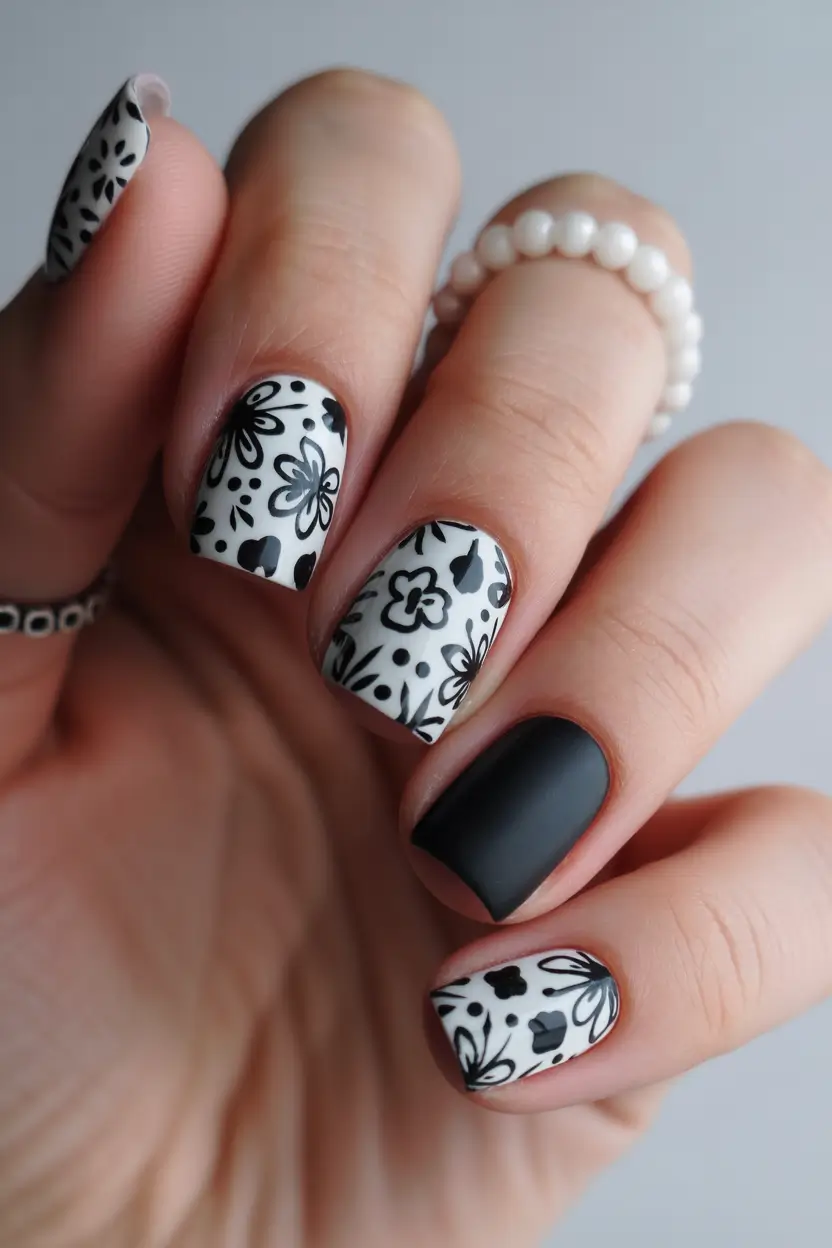 Cute White Spring Nails For 2026 Graphic Black And White Floral Contrast
