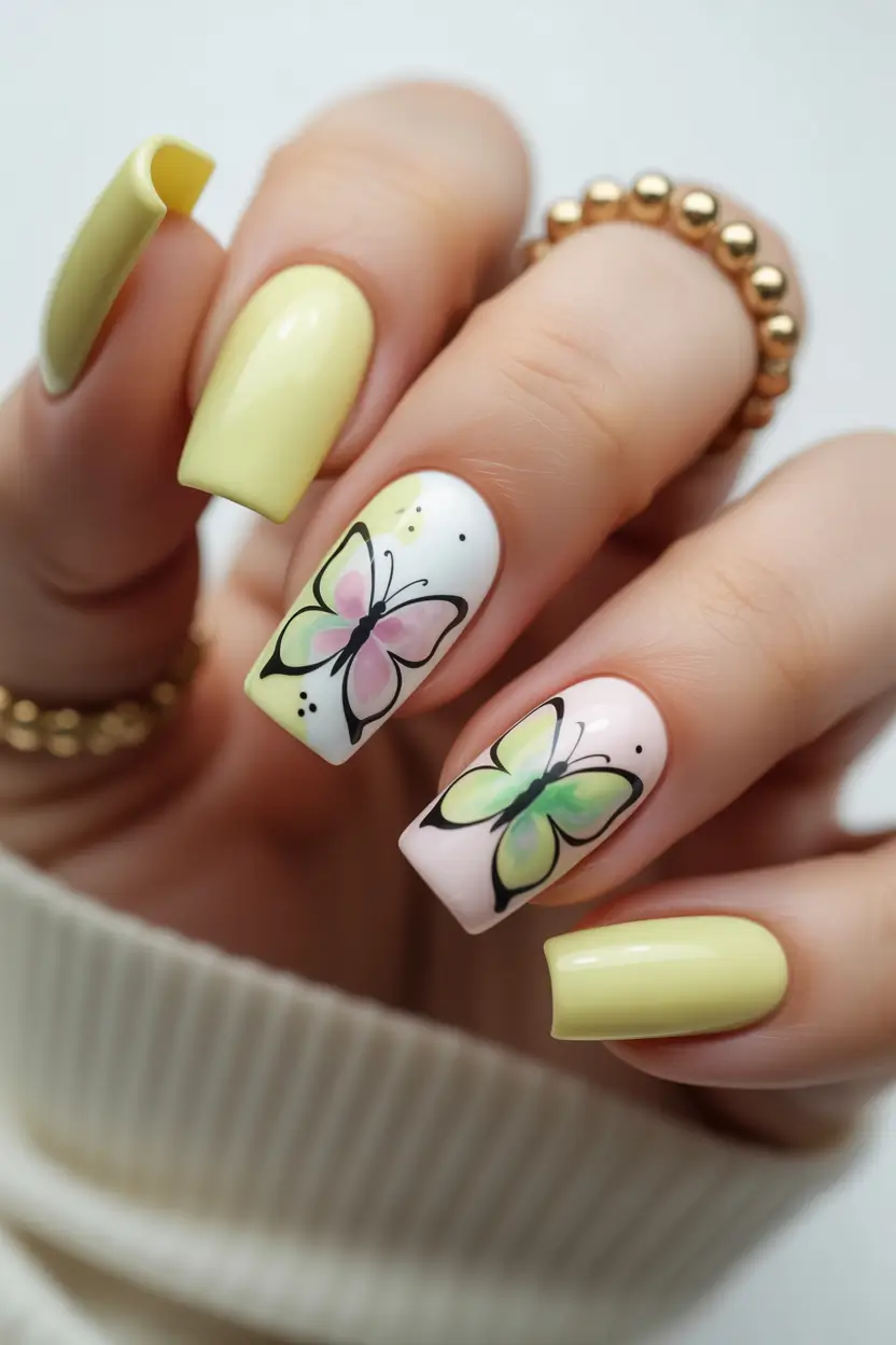 Cute White Spring Nails For 2026 Soft Yellow And White Butterfly Spring Nails