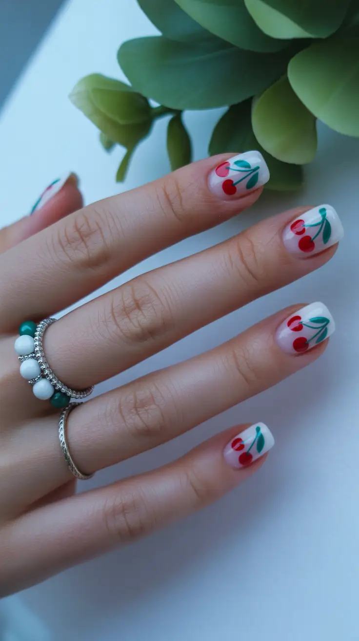 Cute White Spring Nails For 2026 Minimal White Nails With Tiny Cherry Art