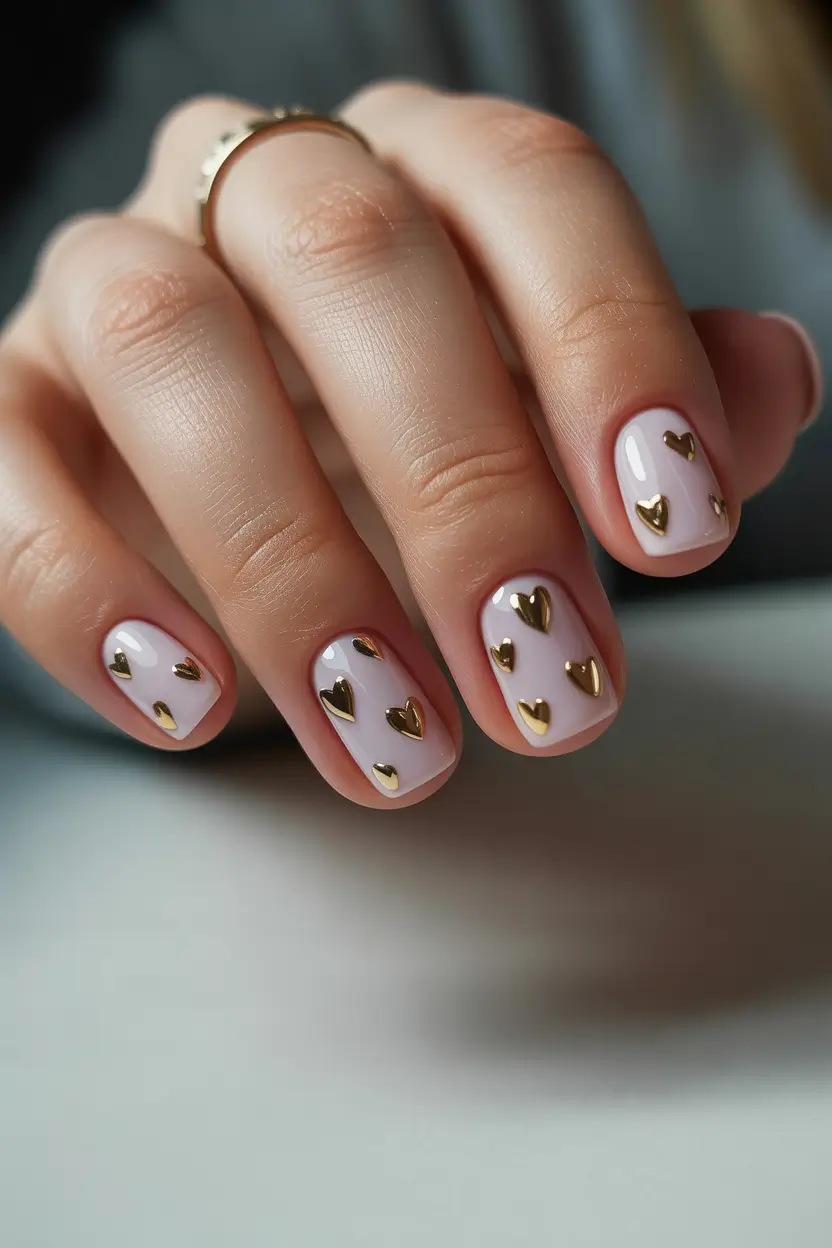 Cute White Spring Nails For 2026 Milky White Nails With Gold Heart Details