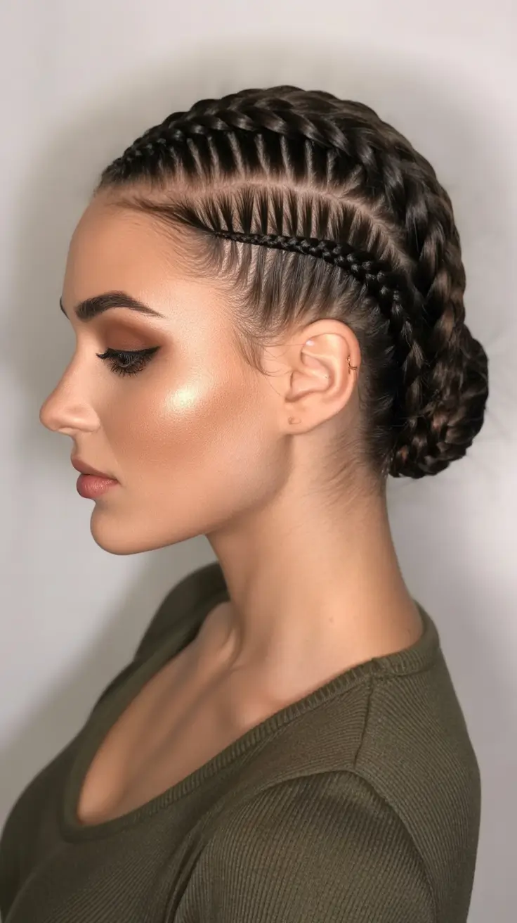 spring braids hairstyle 2026 Sculpted Feed In Braided Updo with Modern Definition