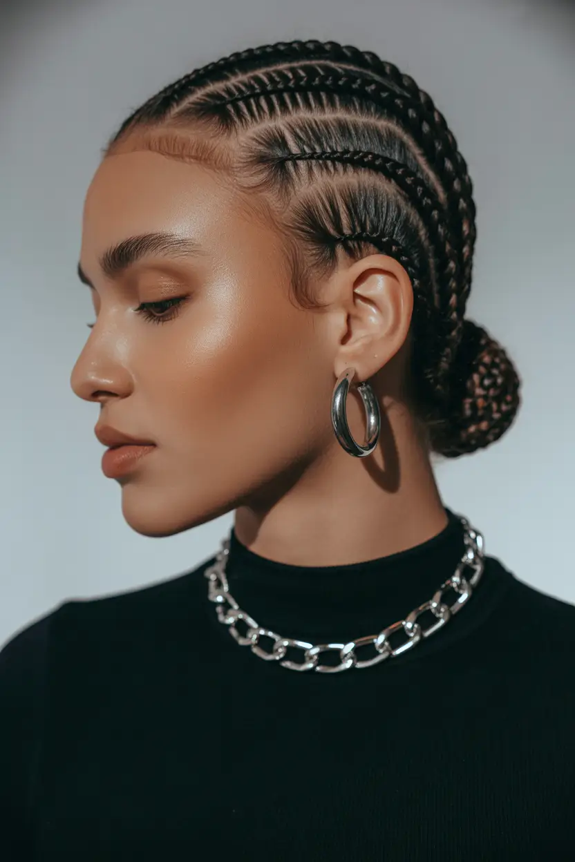 spring braids hairstyle 2026 Intricate Knotless Braided Bun with Sculpted Finish
