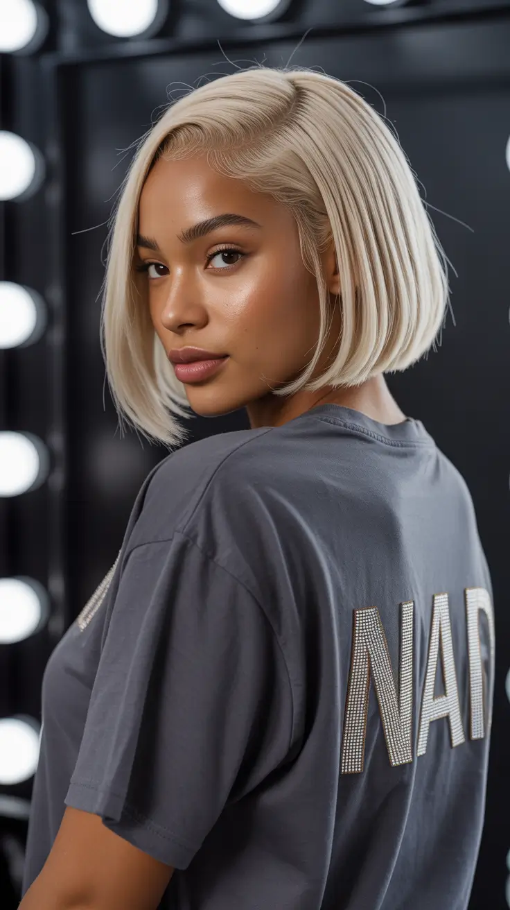 spring hair color for dark skin 2026 Glass Ash Blonde Precision Bob