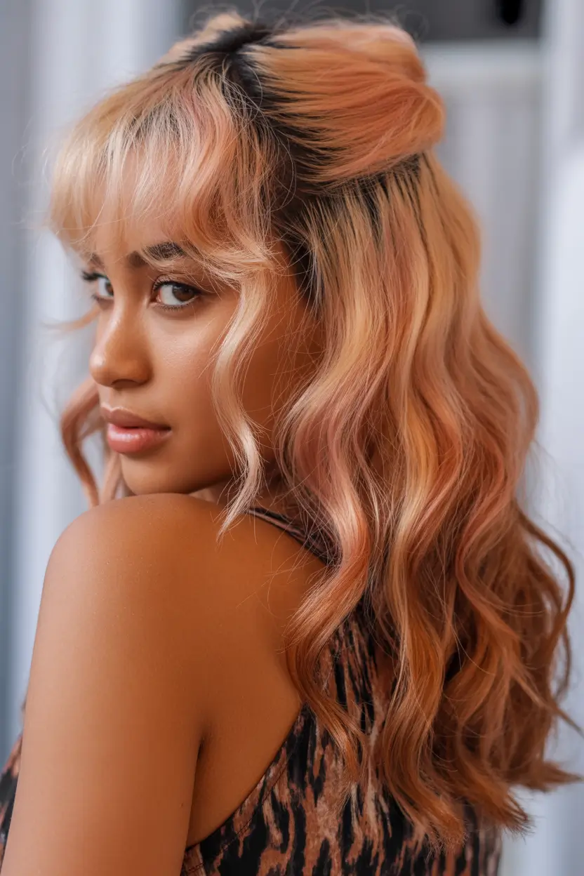 spring hair color for dark skin 2026 Apricot Half Up Romance