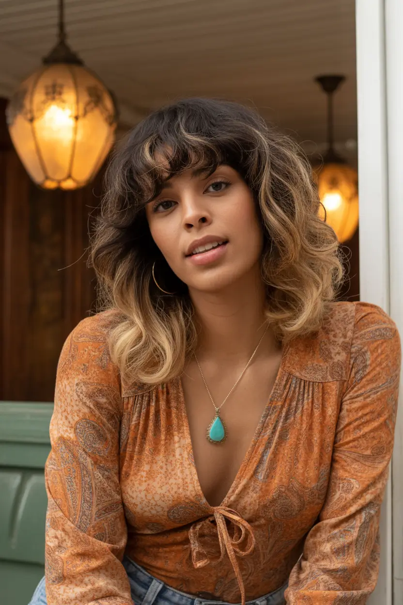 spring hair color for dark skin 2026 Bronde Curly Lob with Soft Highlights