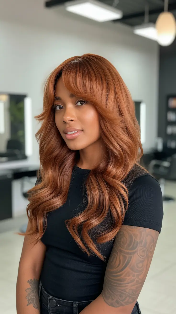 spring hair color for dark skin 2026 Copper Ginger Glam Waves
