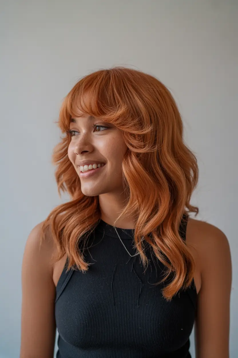 spring hair color for dark skin 2026 Light Ginger Short Waves with Soft Fringe