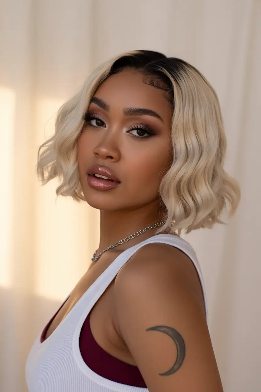 spring hair color for dark skin 2026 Soft Wavy Blonde French Bob