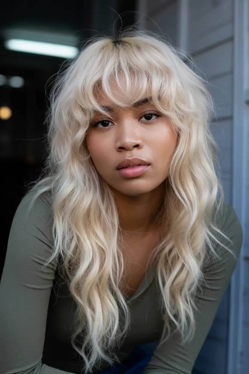 spring hair color for dark skin 2026 Shaggy Platinum with Airy Fringe