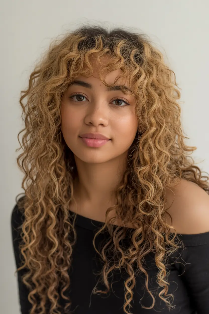 spring hair color for dark skin 2026 Golden Honey Curly Volume