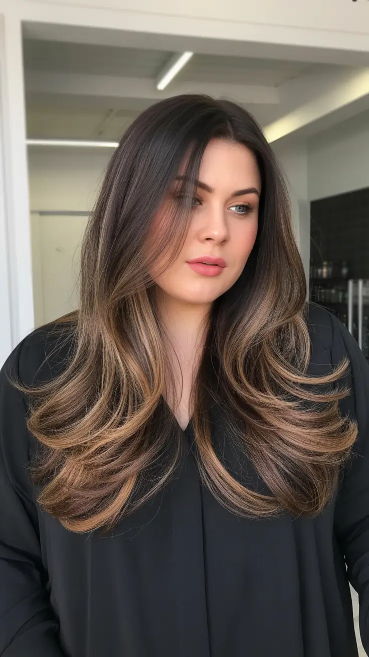 Spring Haircuts for Plus Size Women 2026 Soft Layered Espresso with Caramel Ribbons