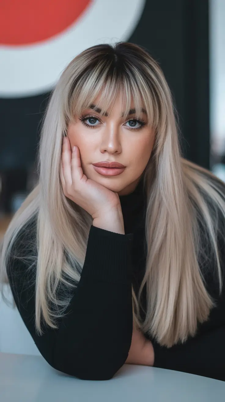 Spring Haircuts for Plus Size Women 2026 Long Straight Blonde with Curtain Fringe
