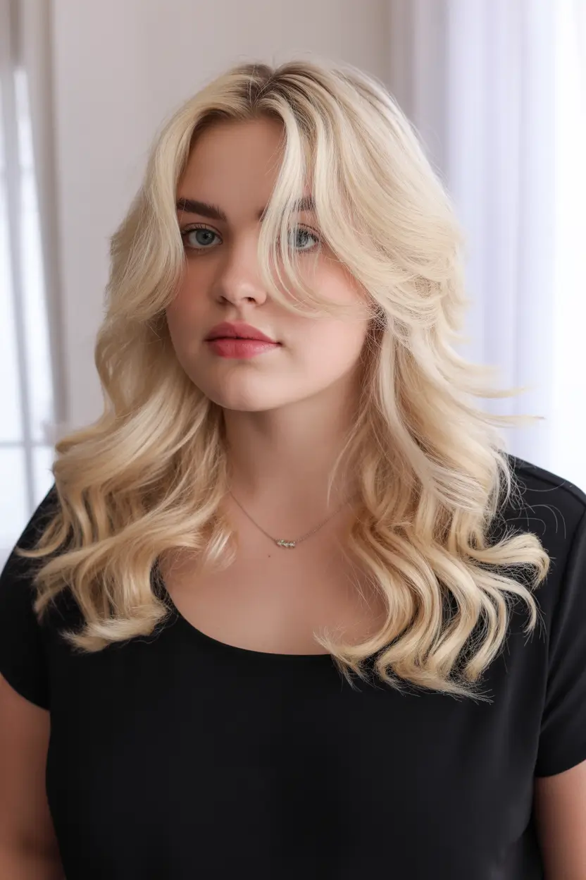 Spring Haircuts for Plus Size Women 2026 Feathered Blonde Layers With Soft Curtain Fringe