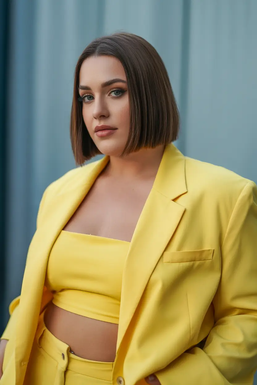 Spring Haircuts for Plus Size Women 2026 Chic Brunette Blunt Lob With Center Part