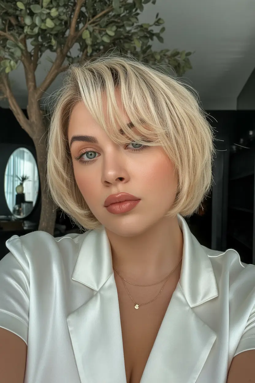 Spring Haircuts for Plus Size Women 2026 Soft Blonde Rounded Pixie Bob With Side Fringe
