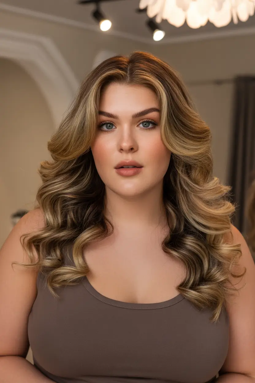 Spring Haircuts for Plus Size Women 2026 Golden Glam Waves with Modern Volume