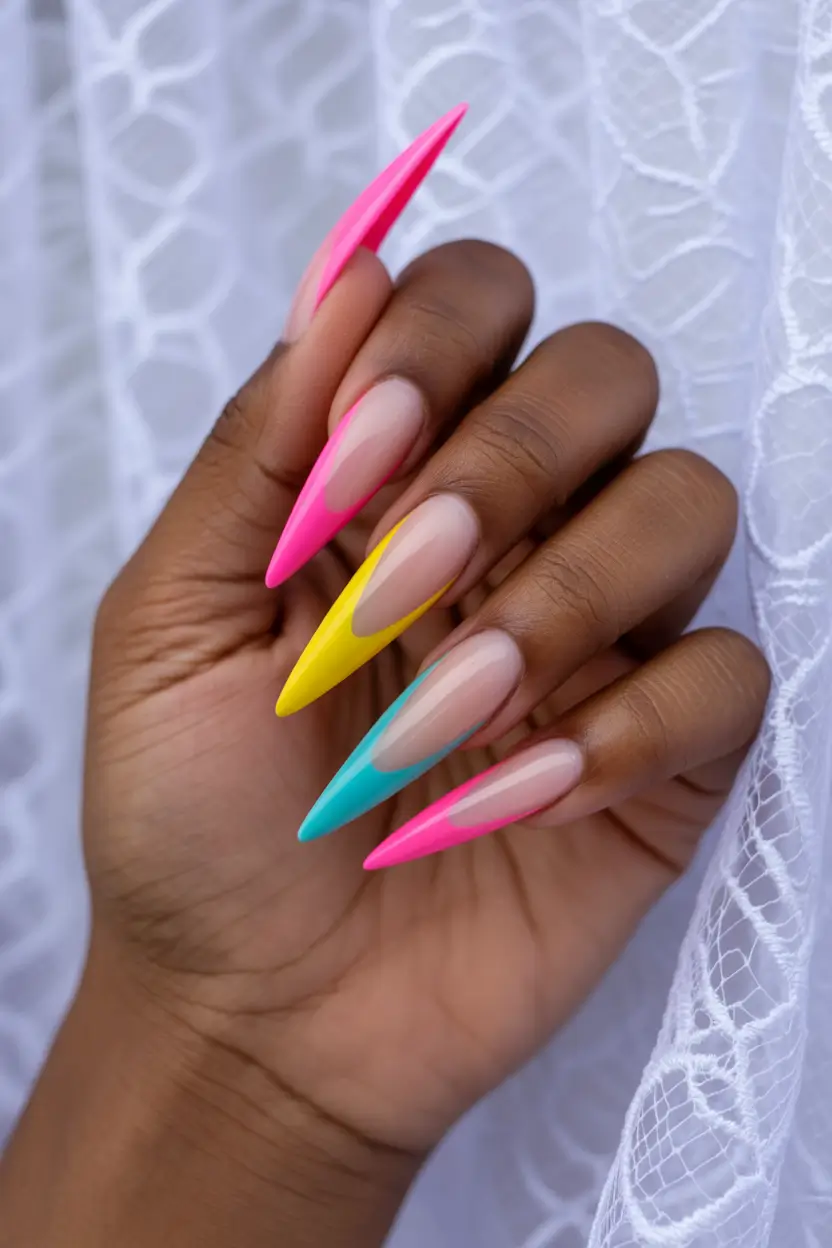 spring easy nail designs 2026 Neon French Tips