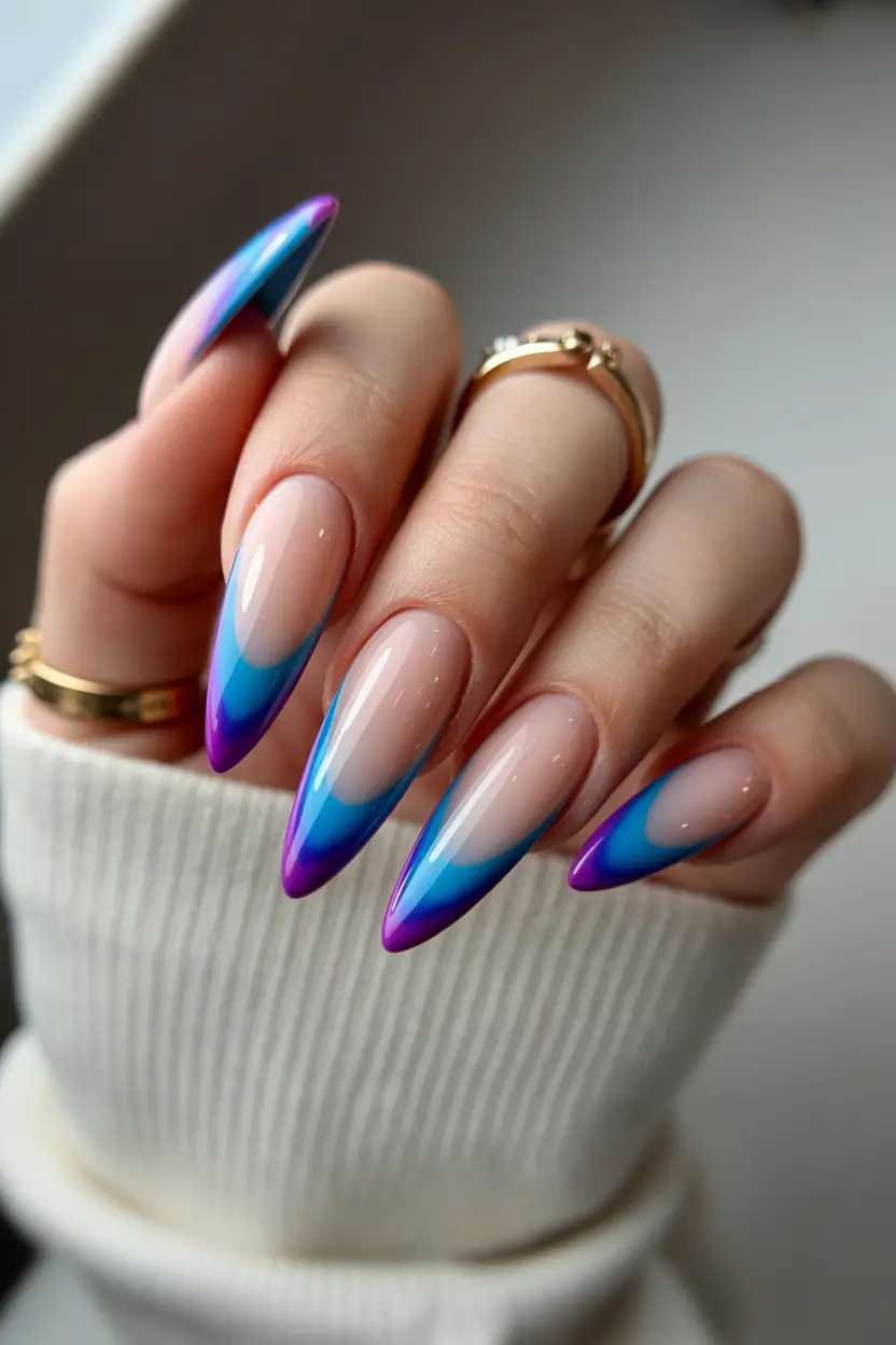 spring easy nail designs 2026 Blue Ombre Almond Nails