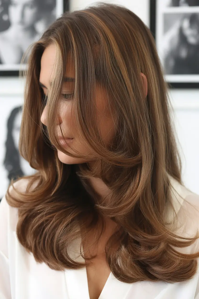 spring long haircut 2026 Glossy Chestnut Layers with Volume