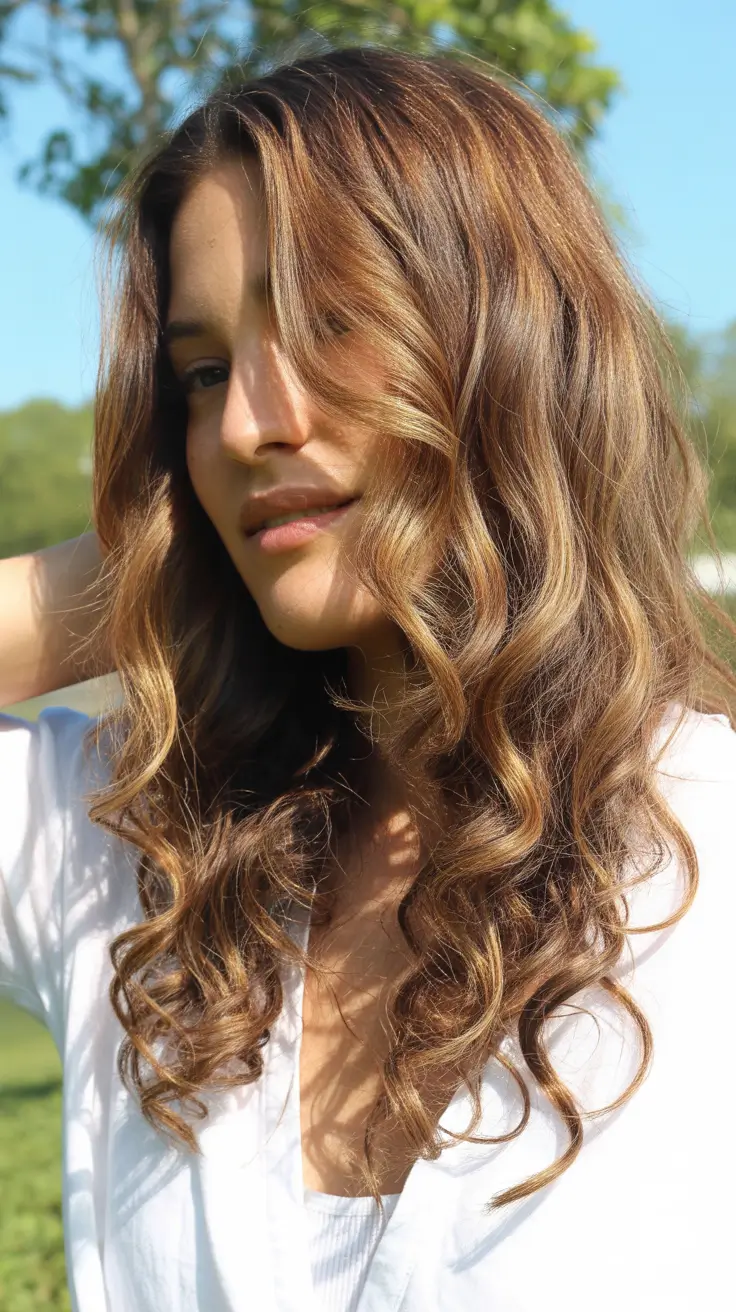 spring long haircut 2026 Soft Brunette Balayage with Natural Curls